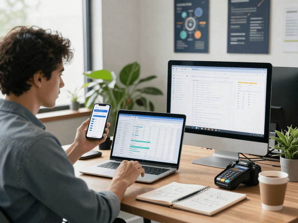Using the debet app for digital payments in a modern workspace with analytics on display