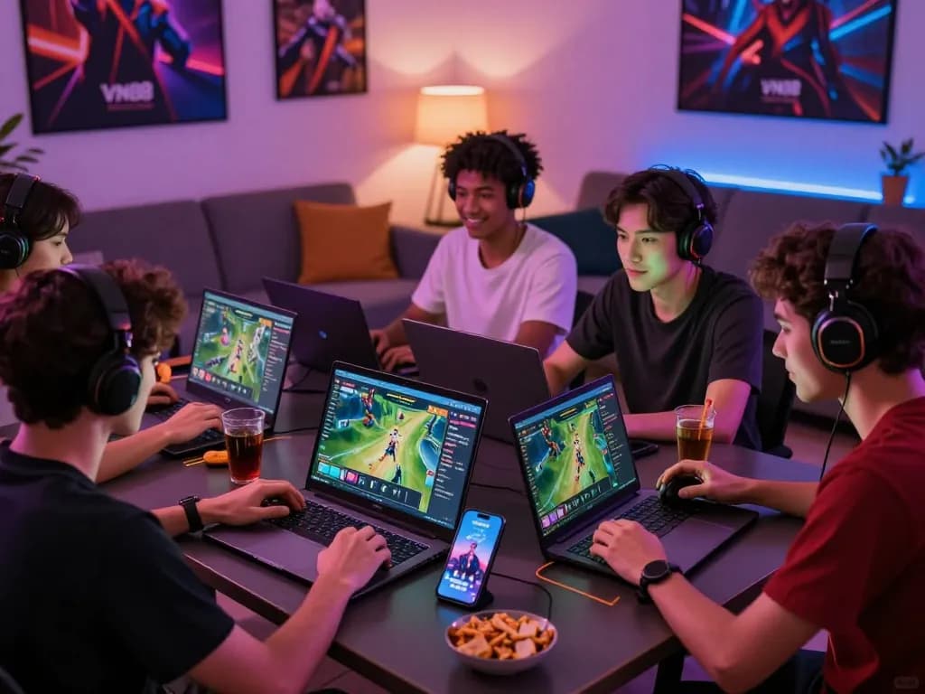 Friends enjoying an online gaming session with VN88 platform in a lively atmosphere.