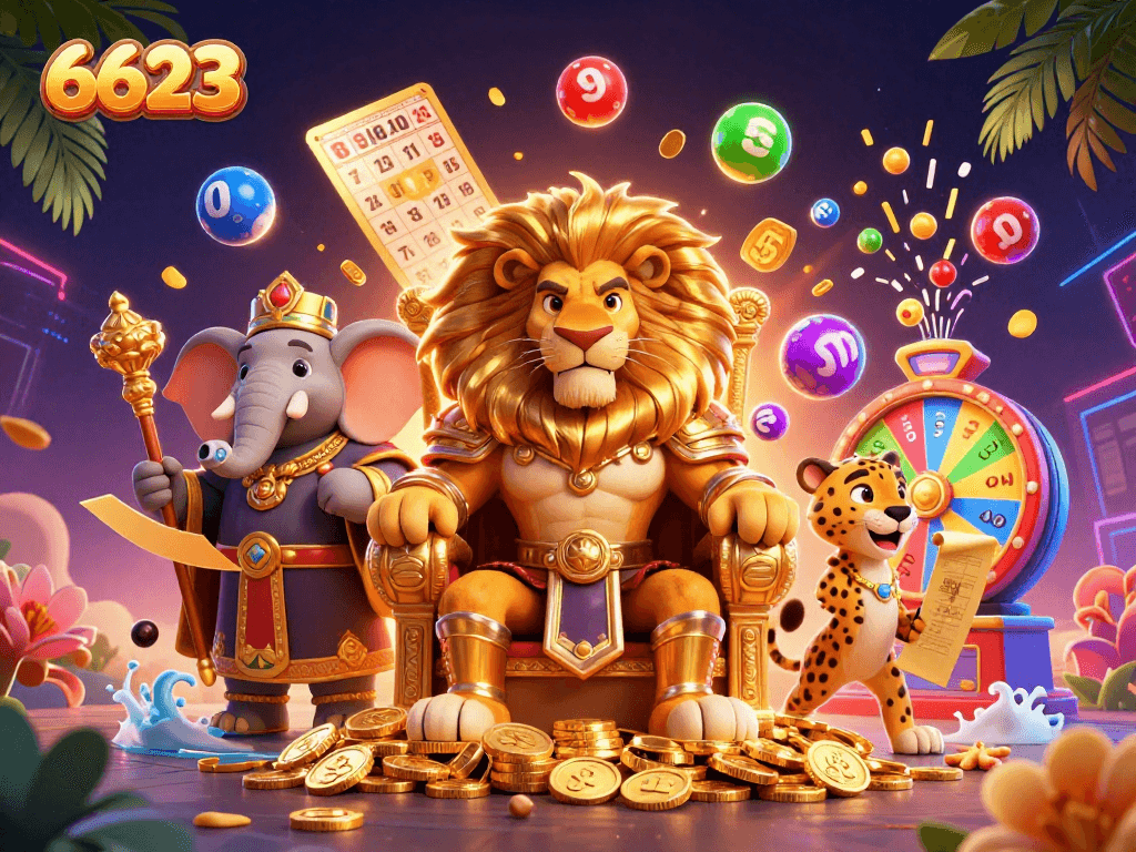 Win big with 6623 in this vibrant casino scene featuring animated characters and dynamic prizes.