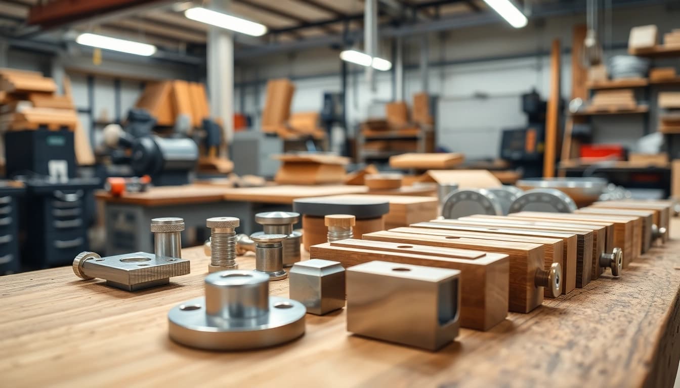 Showcasing furniture hardware manufacturers with metal and wood components in a professional workshop.