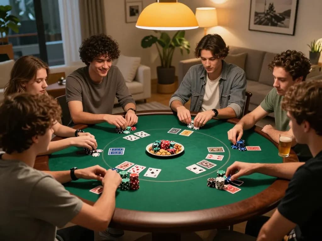 Experience dynamic home poker gameplay with friends at https://f168.sarl/, featuring colorful chips and a cozy atmosphere.