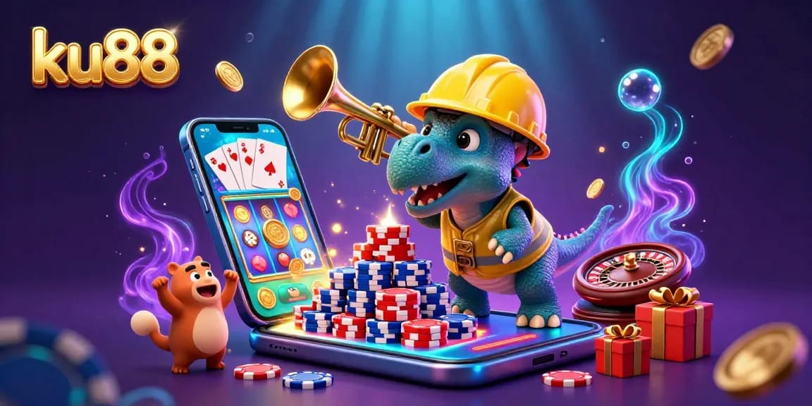 Engage in thrilling casino fun with ku88 as a triceratops builds poker chip pyramids amid dynamic gaming elements.