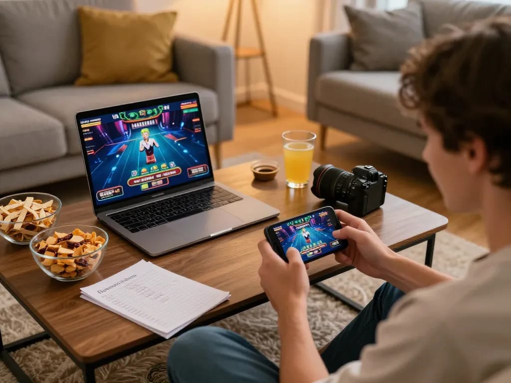 KJC Global members enjoying an inviting online gaming night with smartphone and laptop in a cozy setting