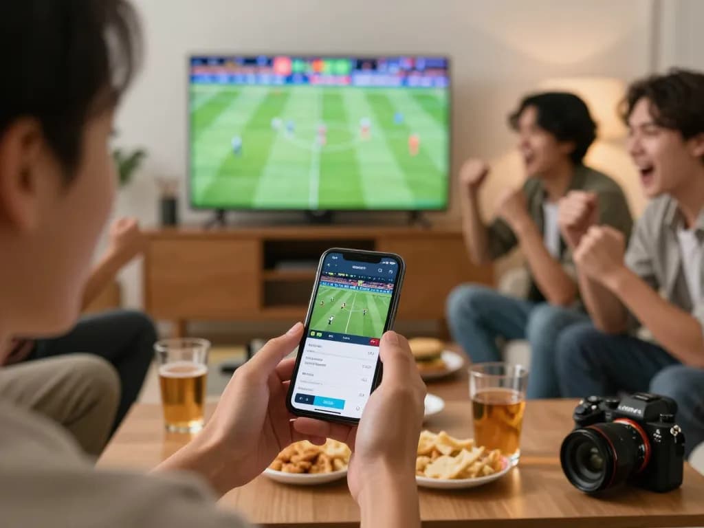 Enthusiast placing bets on CM88 app while enjoying live sports with friends