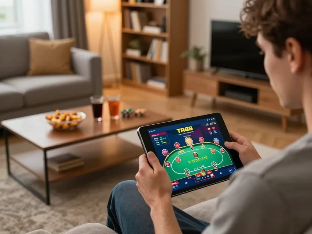 Player engaging with TR88 online poker game on tablet in cozy home setting, emphasizing strategy and entertainment.