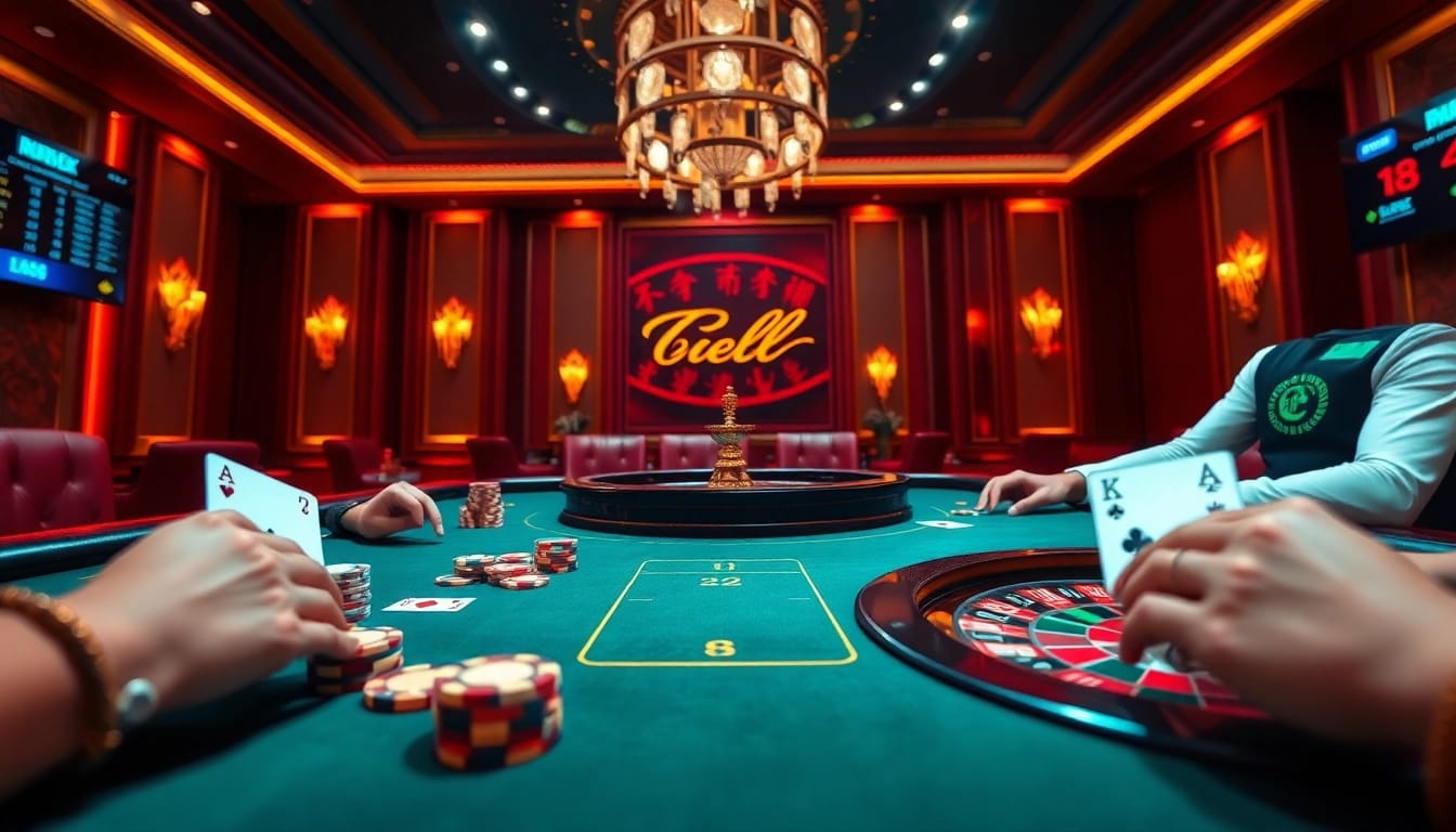 Engaging scene of professional gamblers at a luxurious table highlighting 壹發娛樂 casino excitement with poker chips and roulette.