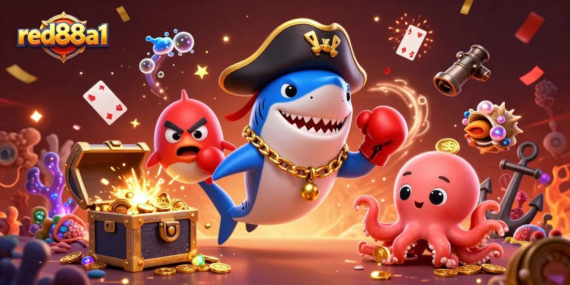 Exciting red88a1 gaming scene featuring a pirate shark, pufferfish, and octopus surrounded by treasures.