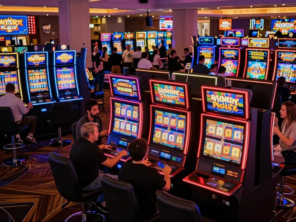 Players engaging with colorful slot machines, showcasing vibrant gameplay and excitement