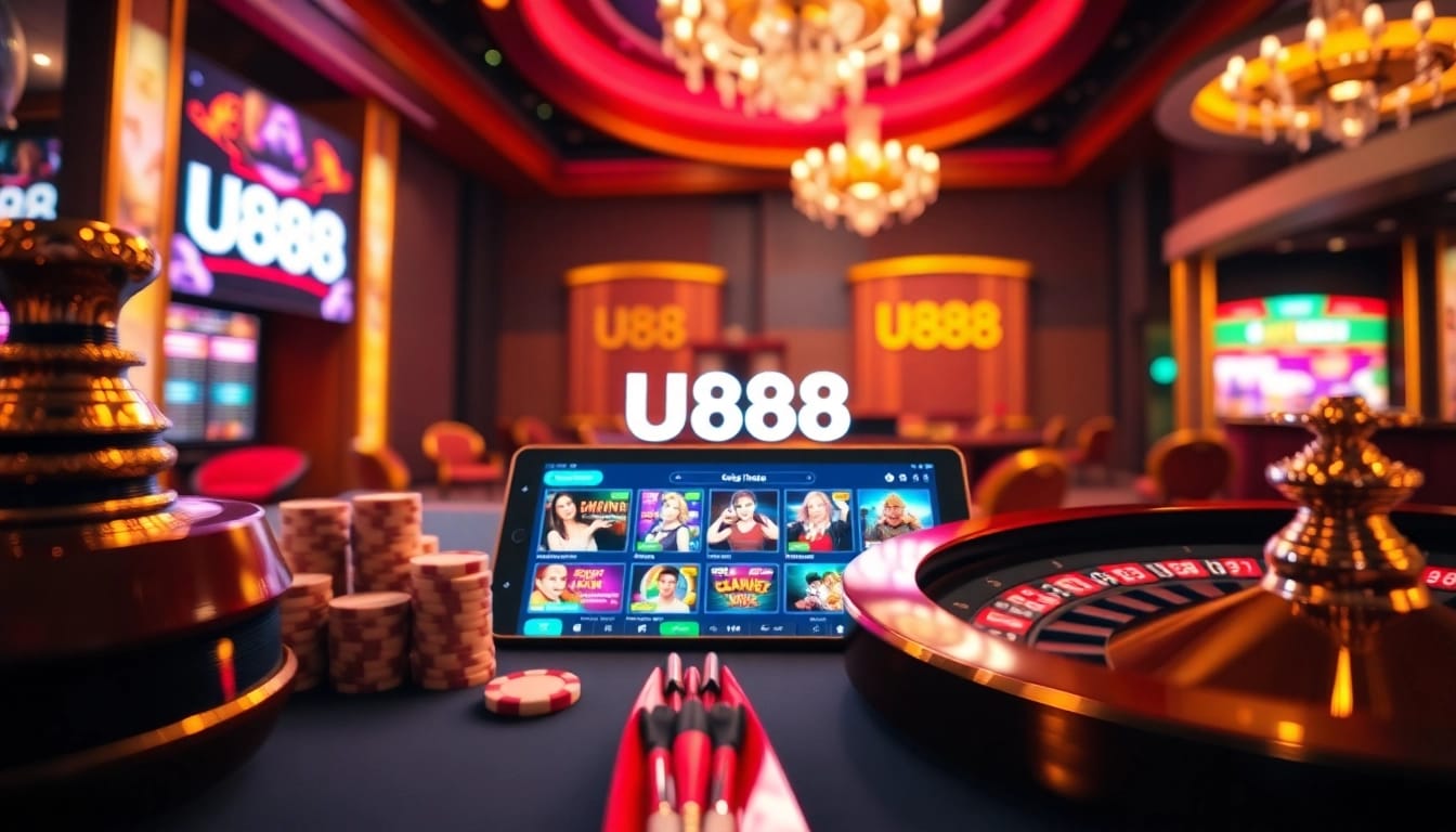 Experience the thrill of Nhà cái U888 with a vibrant casino scene featuring a roulette wheel and live dealer.