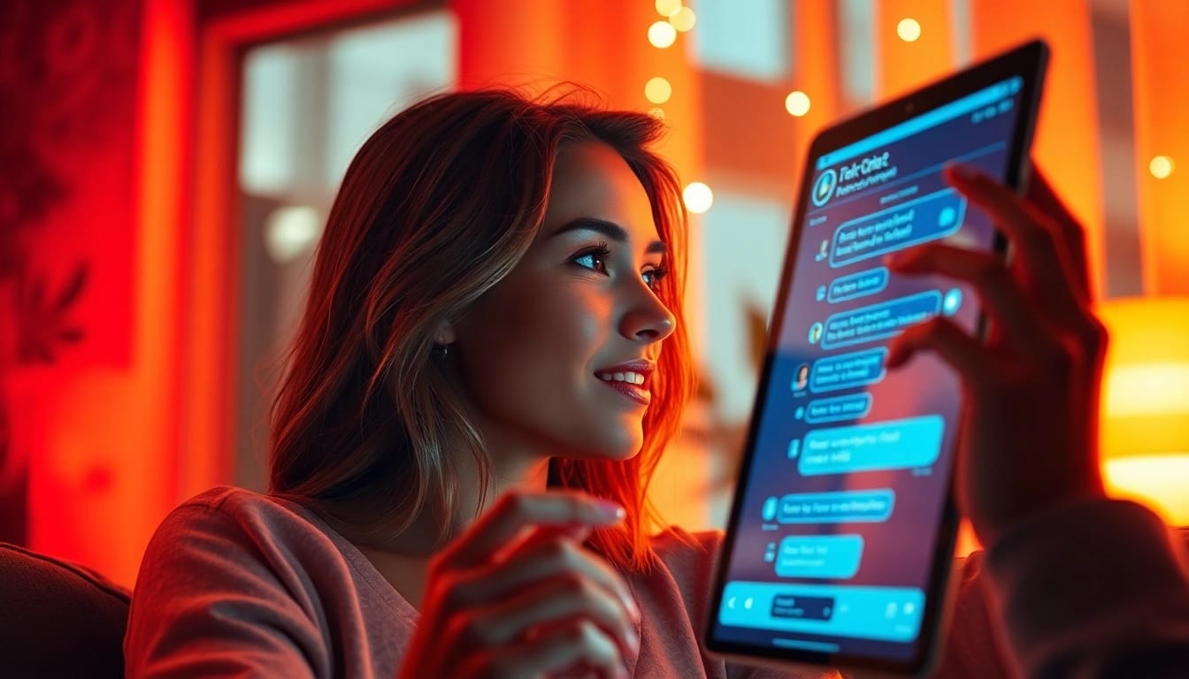 Engaging porn chat ai interaction between a character and a digital companion in a cozy setting.