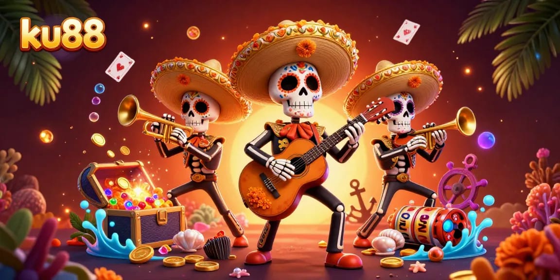 ku88's vibrant mariachi scene captures dynamic casino elements and gold treasures expertly.