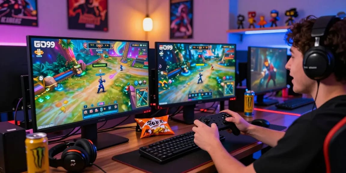 Excited gamer enjoying the vibrant GO99 gaming experience with interactive elements in a lively setting.