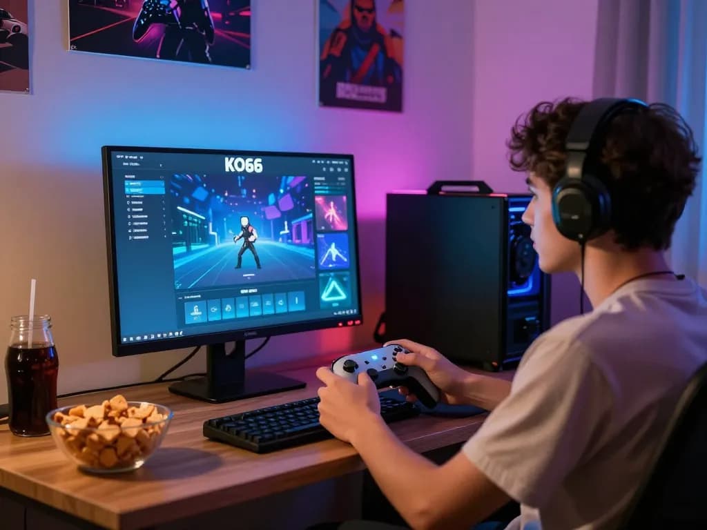 Player engaged with link KO66 gaming platform in a vibrant home environment with snacks and LED lights.