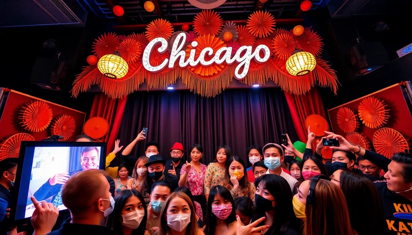 Engaging guests in a photo booth rental chicago surrounded by vibrant props and decorations.