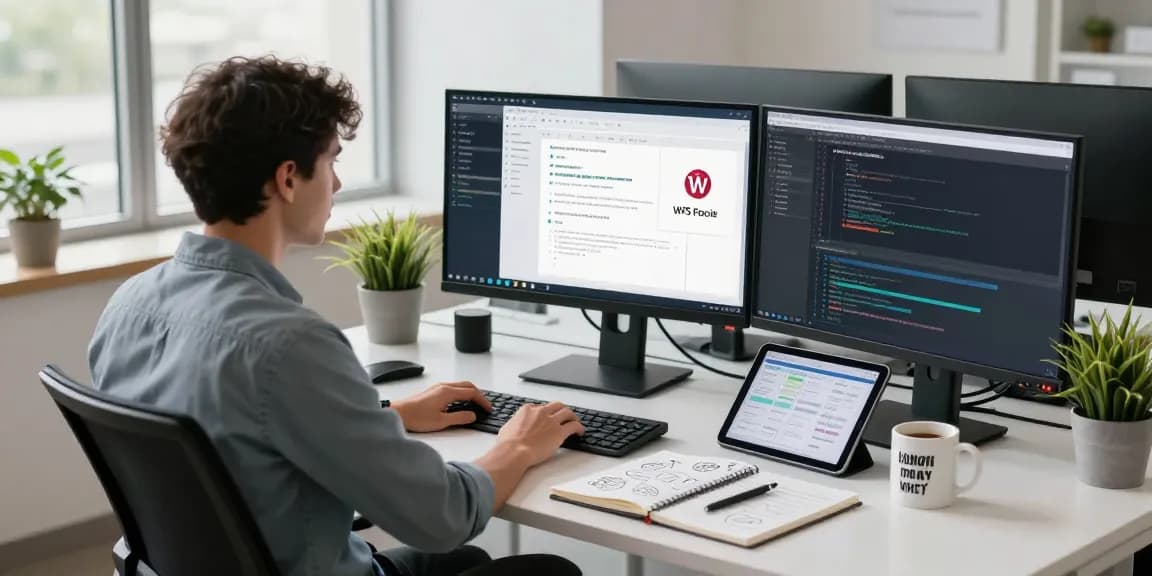 Developer coding on multiple screens showcasing WPS Official Website applications in an inspiring workspace.