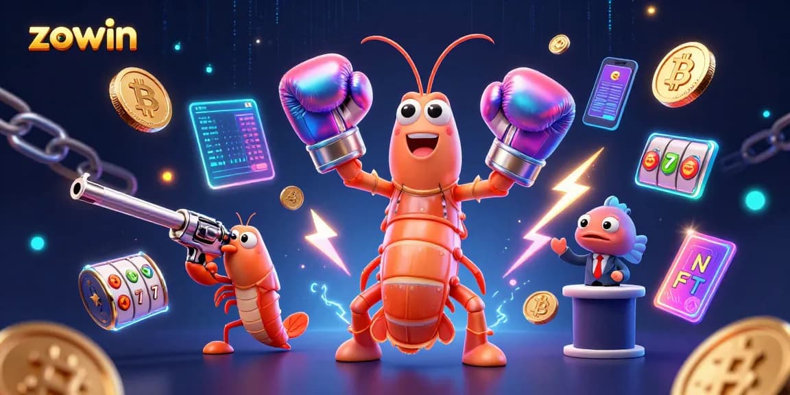 Zowin features exciting 3D colorful characters in an energetic casino scene with crypto elements