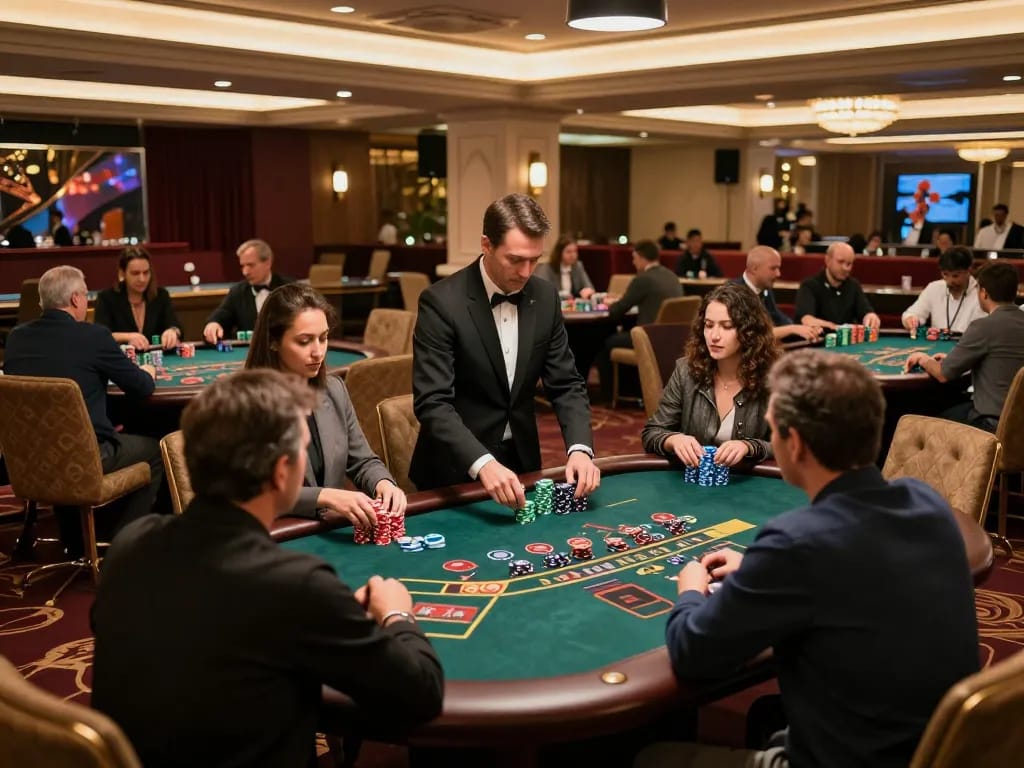Xoilac players strategizing at poker tables in a lively, upscale casino setting.