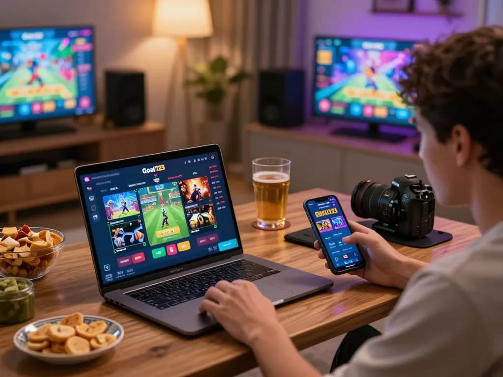 Player enjoying diverse games on trang chủ Goal123 in a cozy home setting, showcasing a vibrant gaming experience.