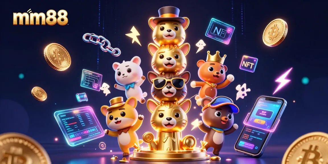 Experience exciting gameplay possibilities at mm88 with vibrant 3D characters and crypto-themed elements.