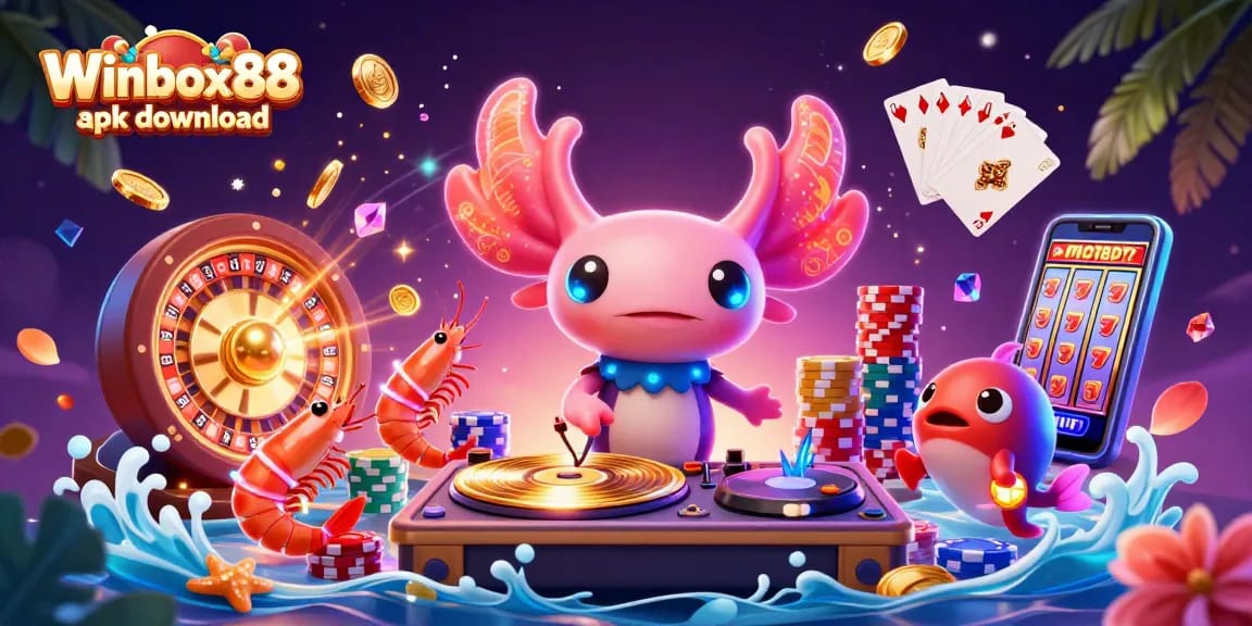 Winbox88 apk download featuring vibrant casino elements with a dynamic 3D cartoon scene.