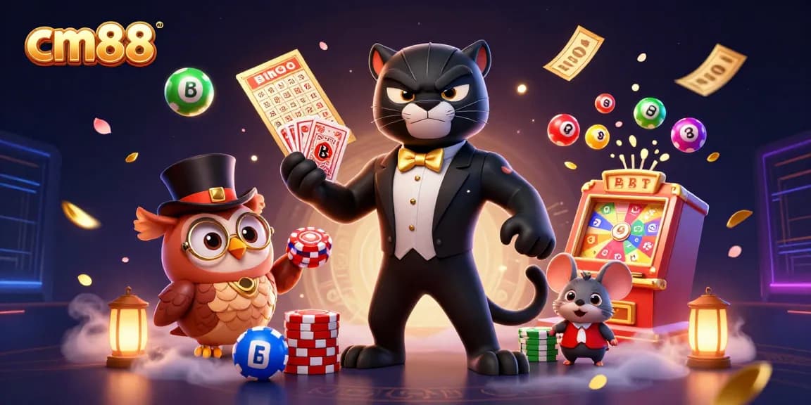Experience the excitement of cm88 with a stylish panther dealer, owl, and chip-stacking mouse in a vibrant casino environment.