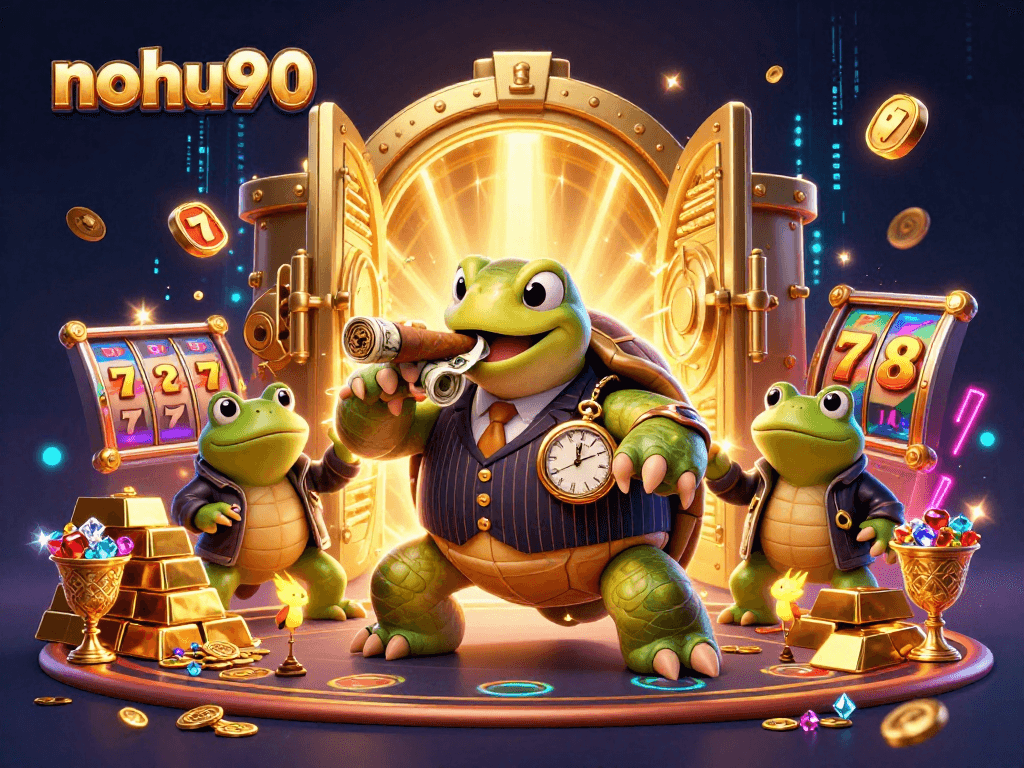 Join the thrilling world of nohu90 with a vibrant casino scene featuring a snapping turtle and bullfrog enforcers!