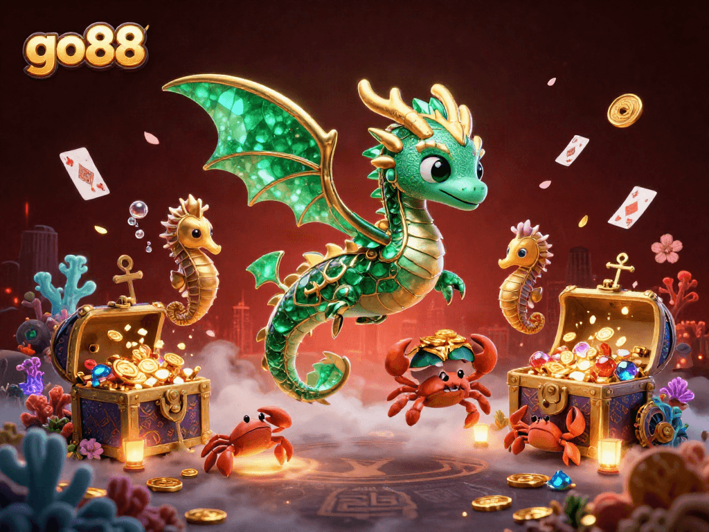 Experience thrilling gameplay with go88, where emerald dragons guard treasures amidst floating cards and underwater gems.