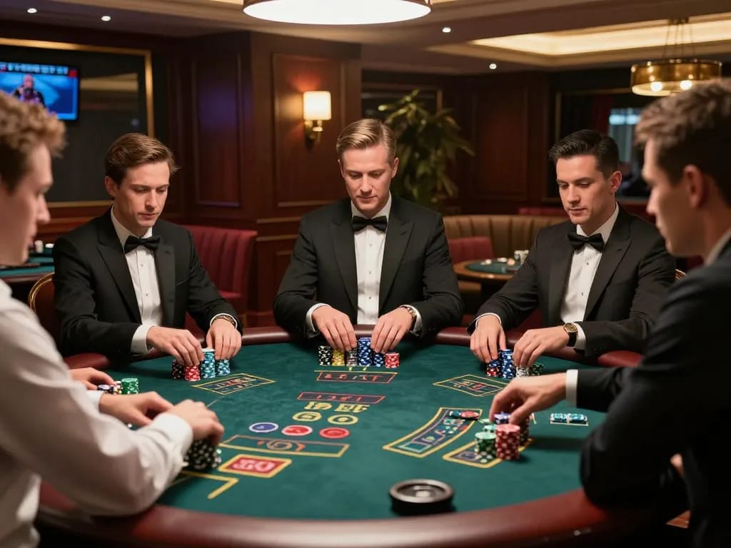 Nha cai uy tin blackjack game showcasing players making strategic moves at an upscale casino table.