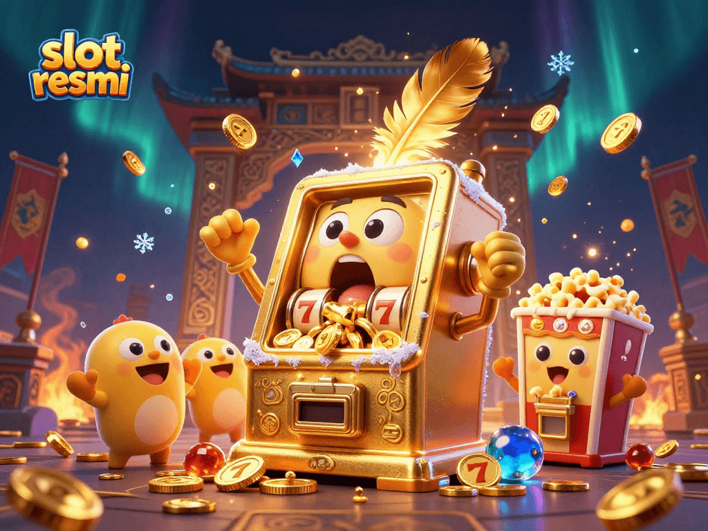 Experience a thrilling jackpot with slot resmi, as golden coins cascade from a smiling slot machine in this vibrant casino scene.