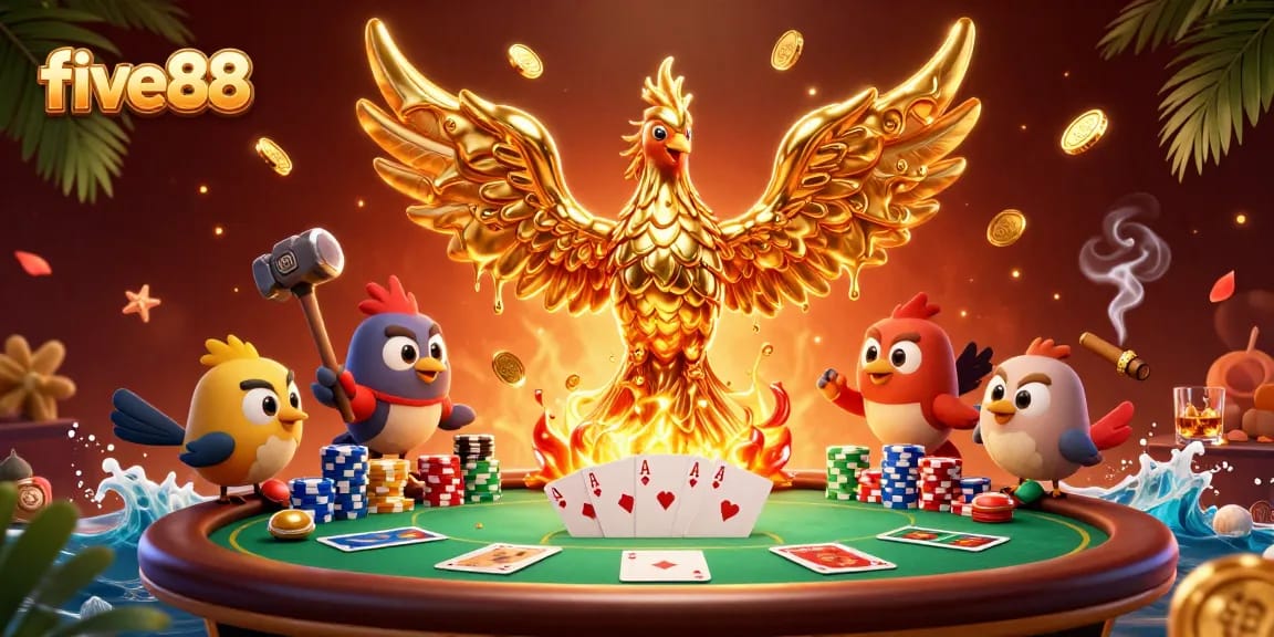Experience the thrill of five88 with molten gold phoenix and poker excitement in a vibrant casino scene.