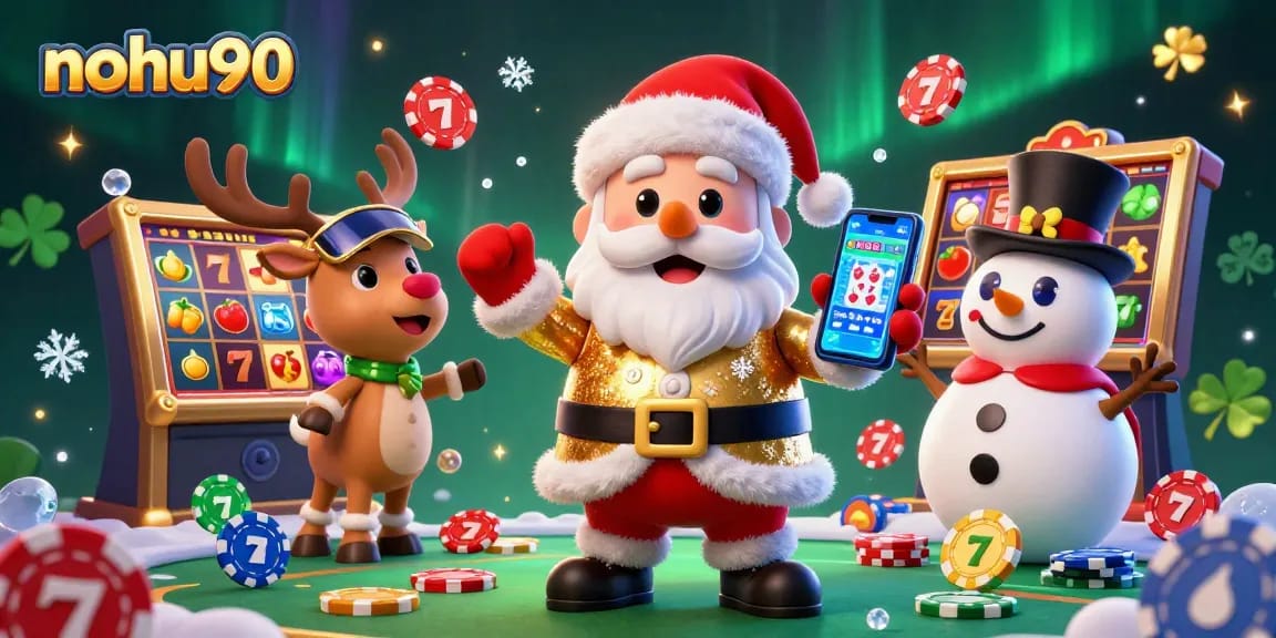Nohu90 casino illustration featuring a festive Santa Claus, a reindeer dealer, and a snowman, surrounded by vibrant slot symbols and festive decorations.