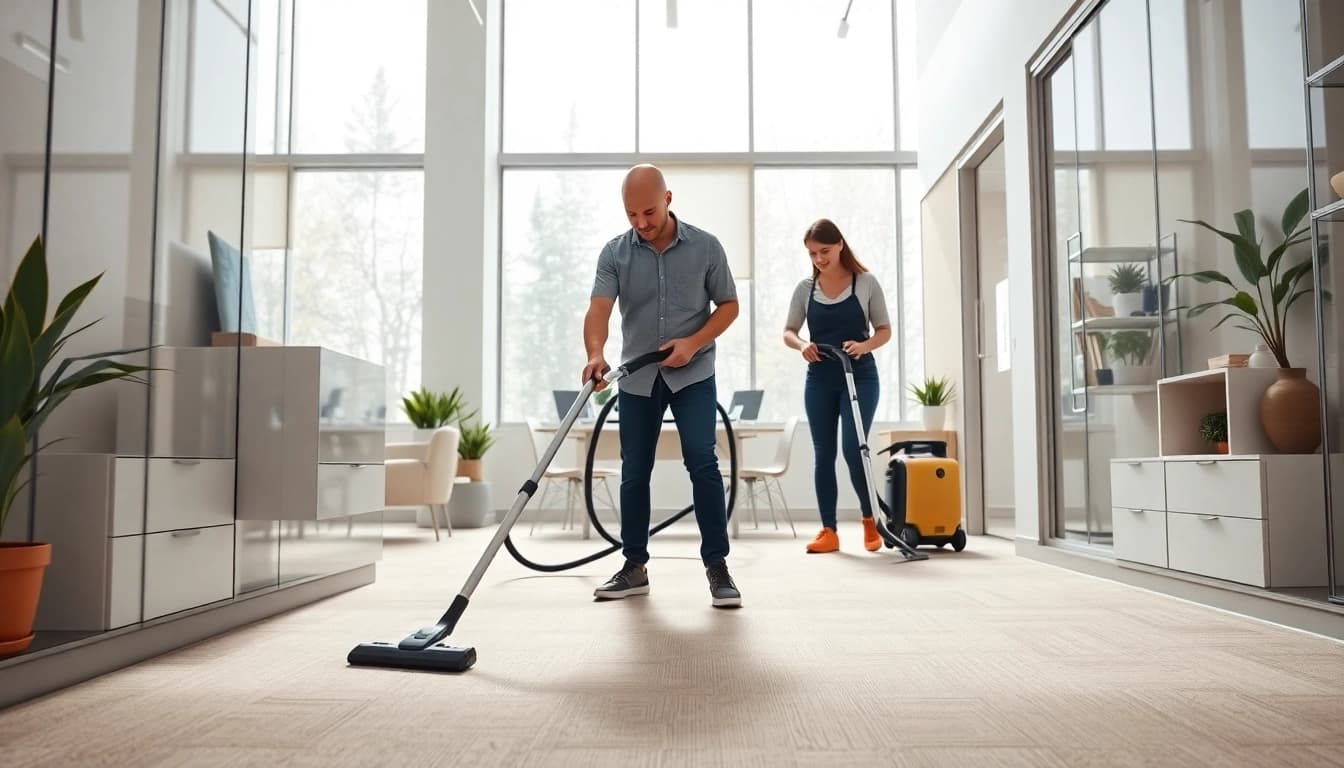 Efficient cleaning services calgary team at work in a bright, modern office setting.