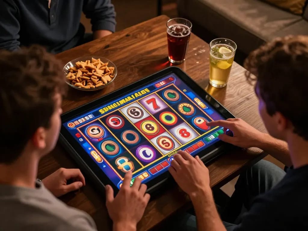 Engaged player strategizing in Spaceman Slot game on tablet, showcasing colorful casino interface.