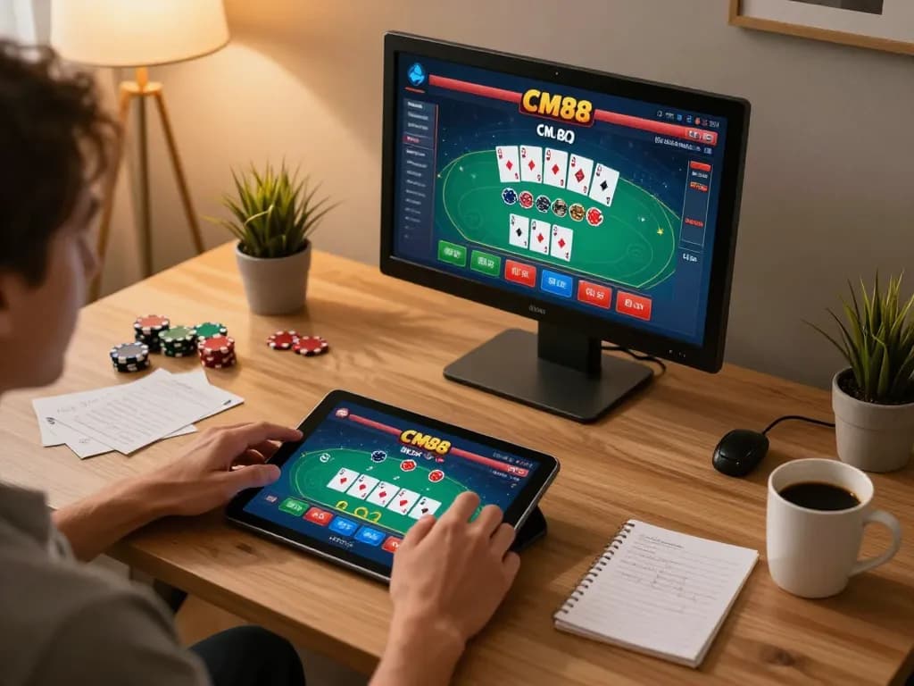 Engaging online poker gameplay on CM88 tablet, showcasing a stylish home office setup.