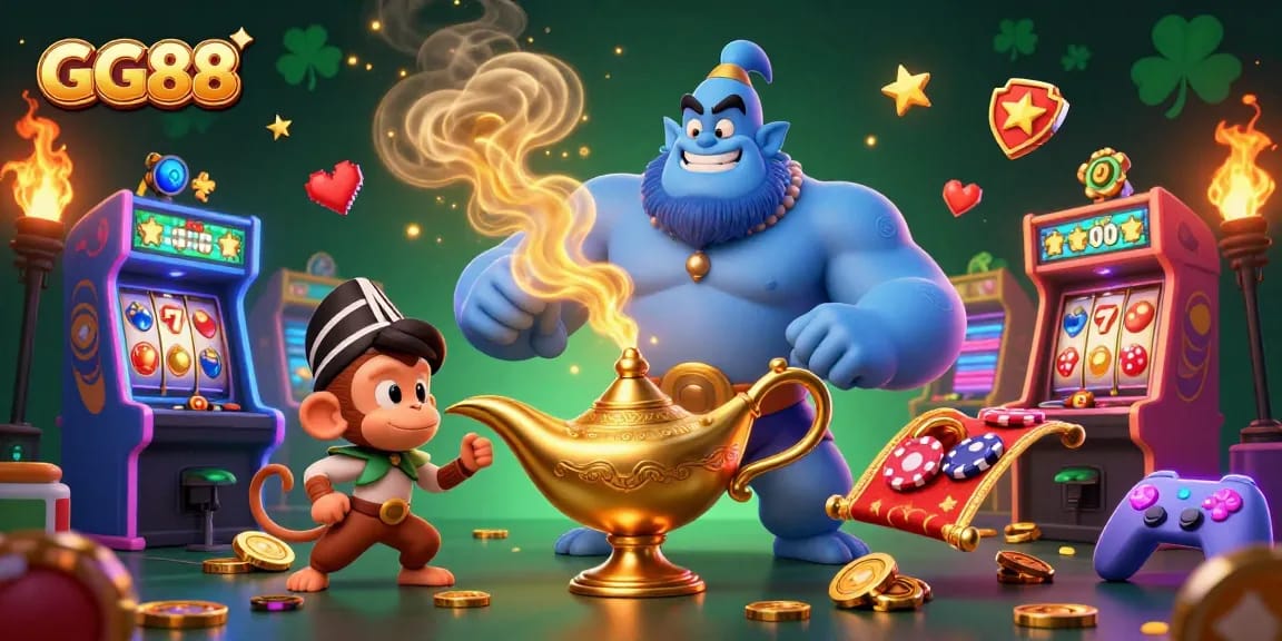 Engage with GG88's vibrant gaming experience, featuring an energetic scene of a genie and magical casino elements.