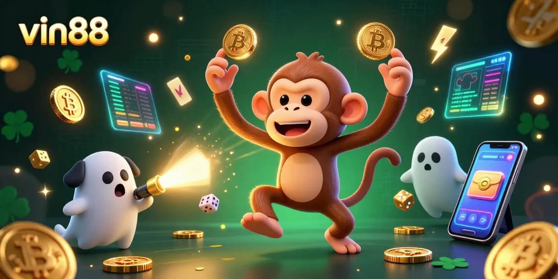 Engage in gaming fun with vin88's vibrant casino scene featuring a poltergeist monkey.