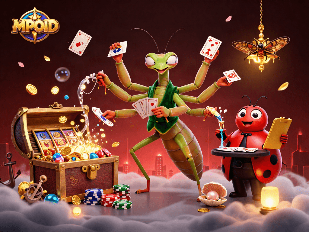 MPOID features a giant praying mantis card sharp and ladybug pit boss in a dynamic casino scene.