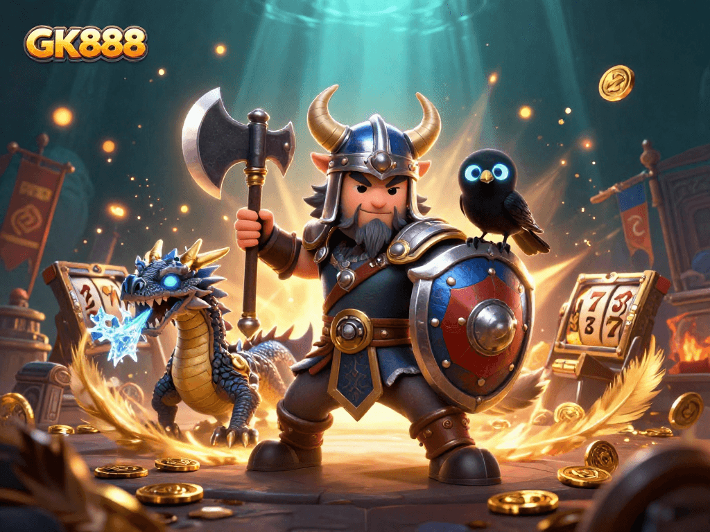 GK888 offers thrilling casino games with vivid Viking warriors and a fierce dragon in action.