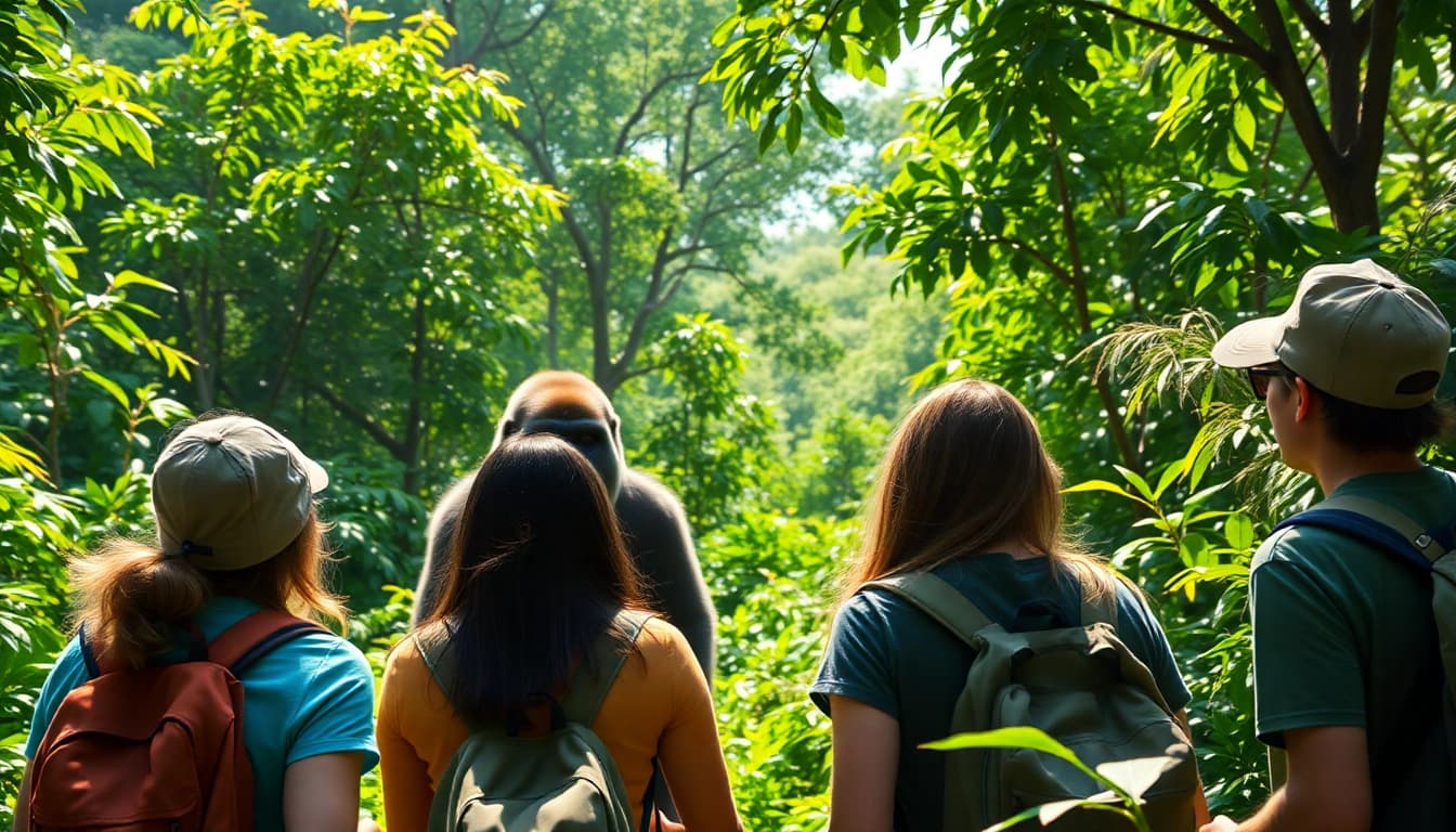 Travelers engaging in gorilla trekking and Tanzania safari, experiencing wildlife in a natural setting.