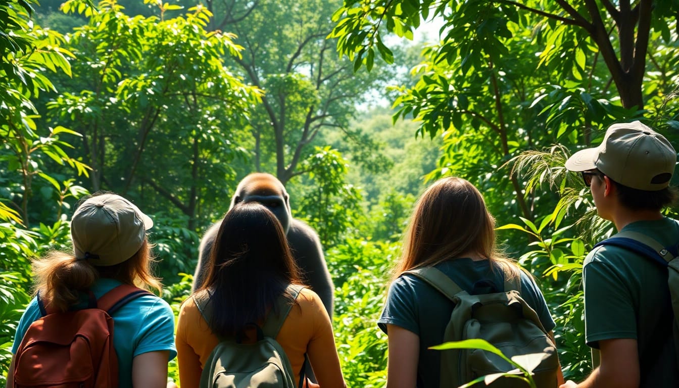 Travelers engaging in gorilla trekking and Tanzania safari, experiencing wildlife in a natural setting.