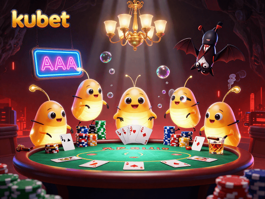 Kubet casino scene where glowworms illuminate a poker game with a bat dealer, creating an enchanting atmosphere.