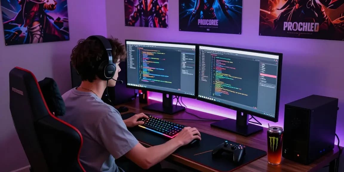 Dynamic gaming workspace with PROOFCORE.IO dashboard, immersive atmosphere, and vibrant decor.