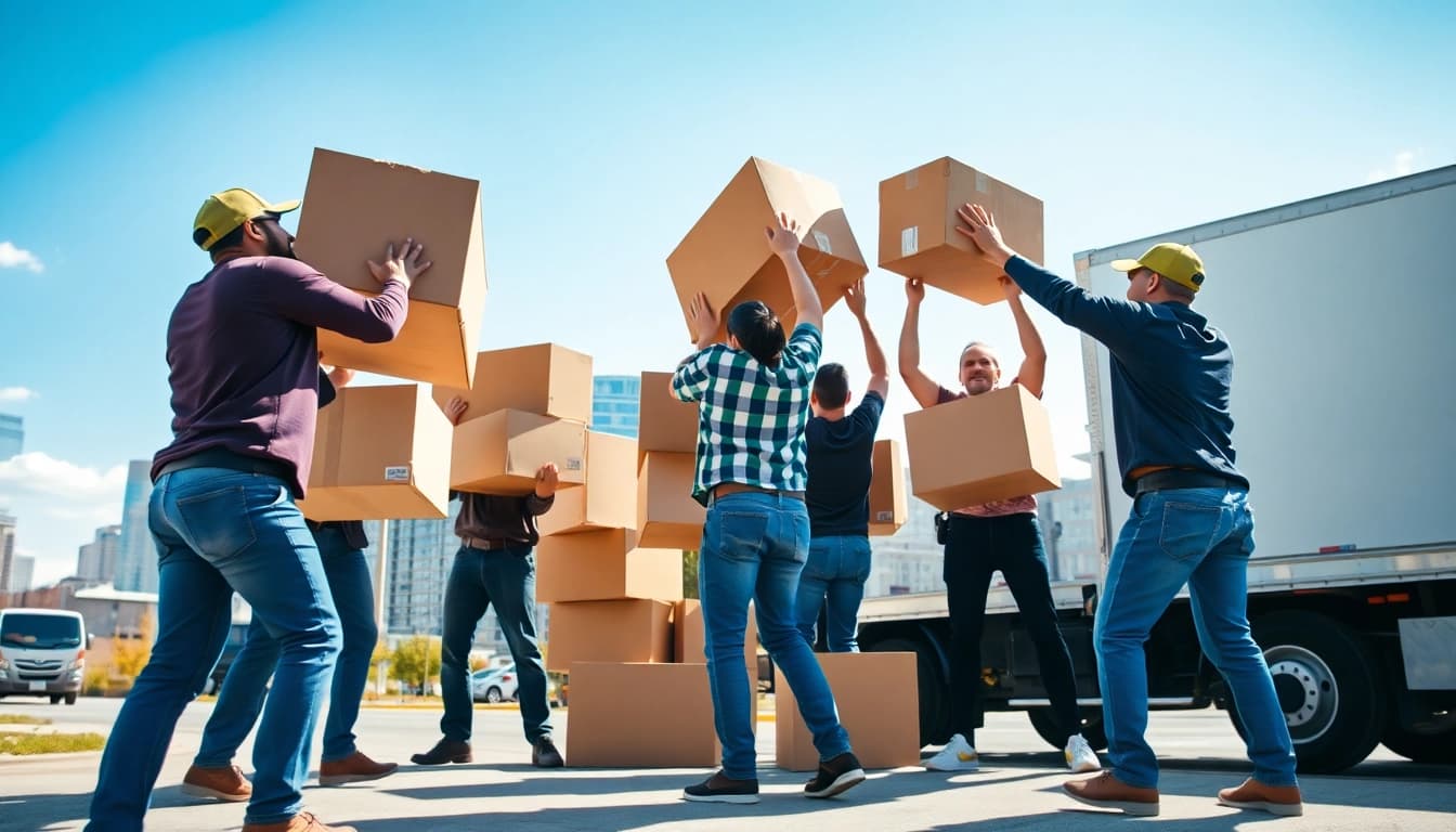 Calgary movers assisting in a relocation with a vibrant city backdrop and teamwork.