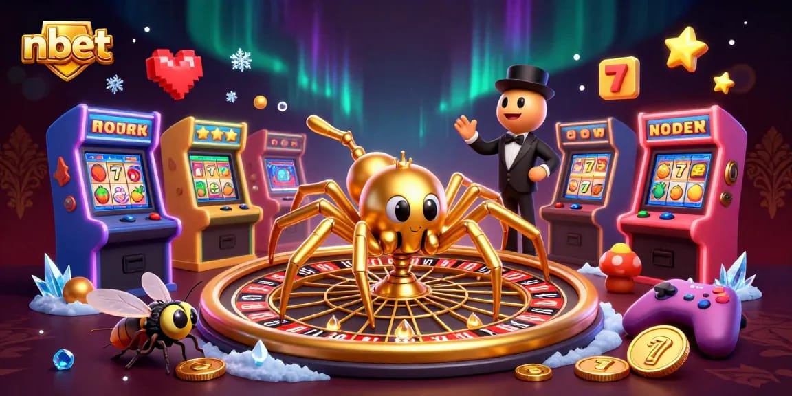 Experience the excitement of nbet with a vibrant 3D scene of a golden spider spinning a roulette web and a centipede croupier.