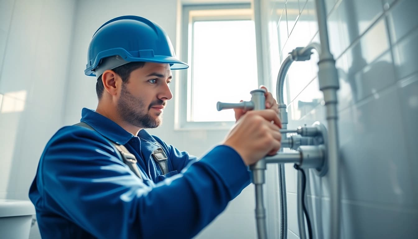 Find a reliable plumber near me installing a modern bathroom faucet, showcasing expertise in plumbing.