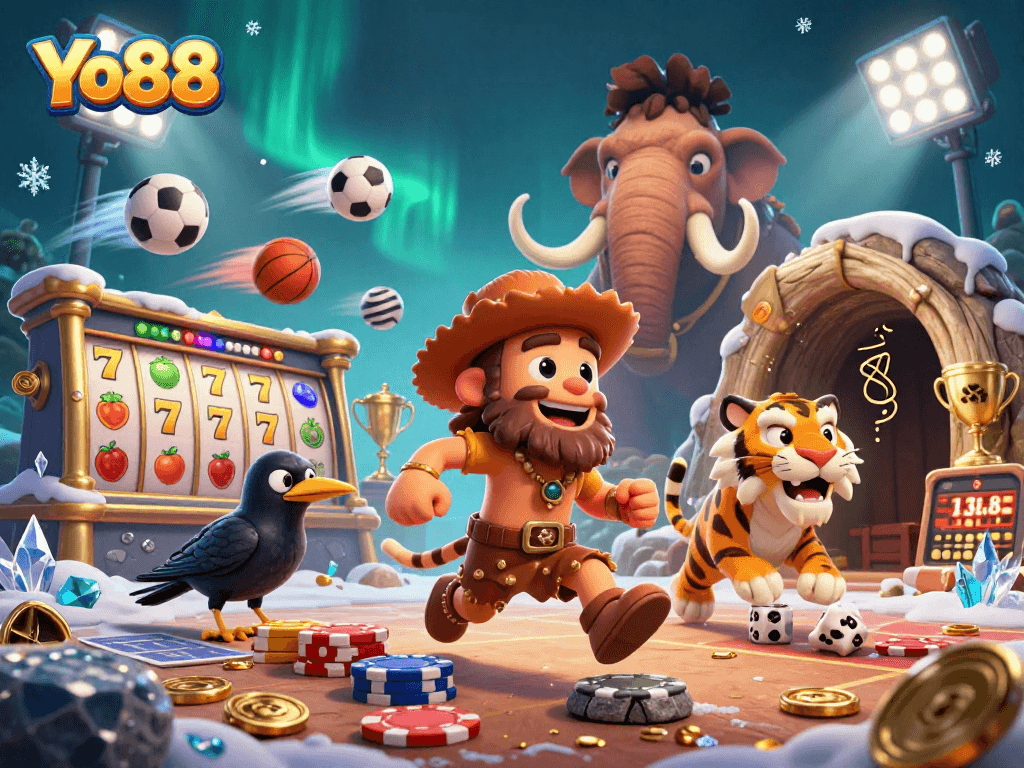 Yo88's prehistoric casino featuring caveman and sabertooth tiger with vibrant slot reels