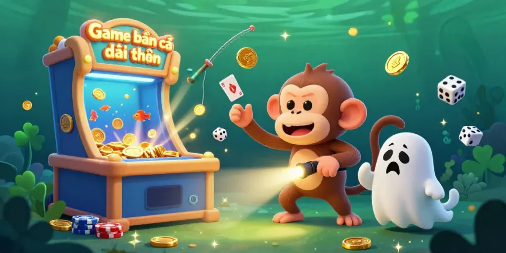 A vibrant scene of Game bắn cá đổi thưởng showcasing a ghostly monkey juggling coins with a curious puppy, highlighting underwater elements.