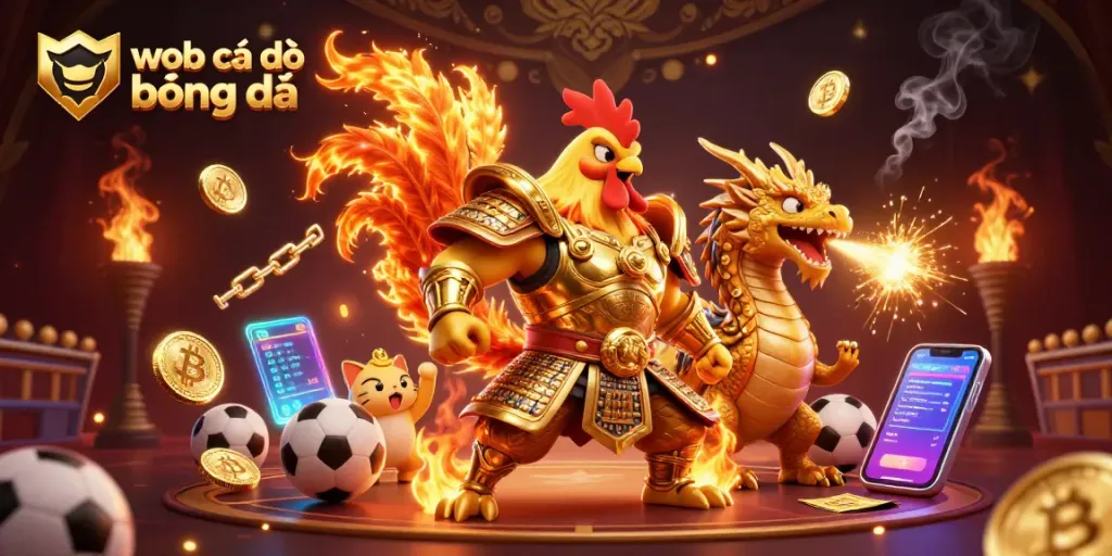 Các đánh cược thể thao sôi động trên web cá độ bóng đá với hình ảnh độc đáo của chiến binh gà trong sắc vàng và hào quang, bên cạnh rồng đấu qua những biểu tượng tiền điện tử.