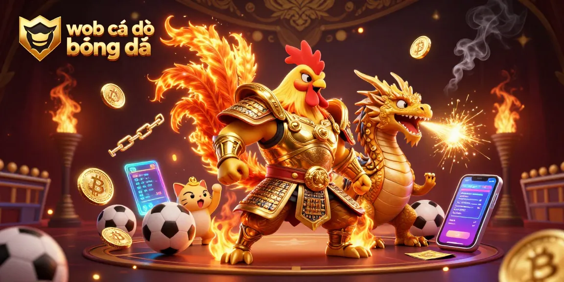 Các đánh cược thể thao sôi động trên web cá độ bóng đá với hình ảnh độc đáo của chiến binh gà trong sắc vàng và hào quang, bên cạnh rồng đấu qua những biểu tượng tiền điện tử.