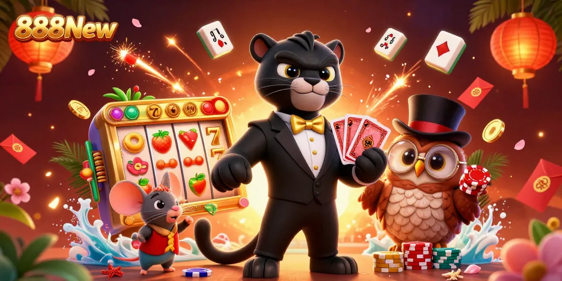 Experience the vibrant world of 888New with a stylish panther dealer, lucky owl, and playful mouse amidst dynamic casino elements.